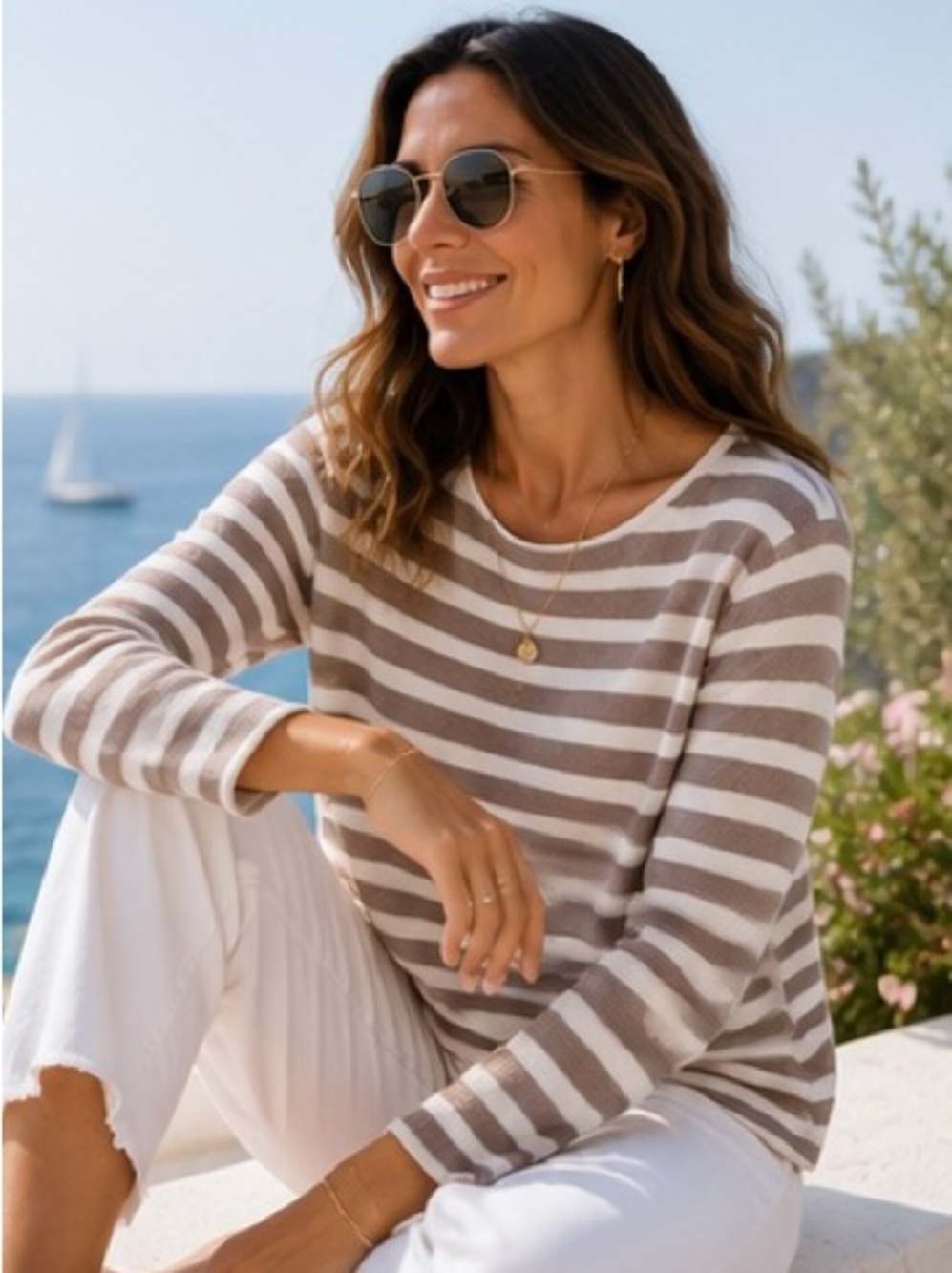 🤎🤍Esprit Spain Taupe and White Striped Knit Sweater Pullover Soft Coastal Size M